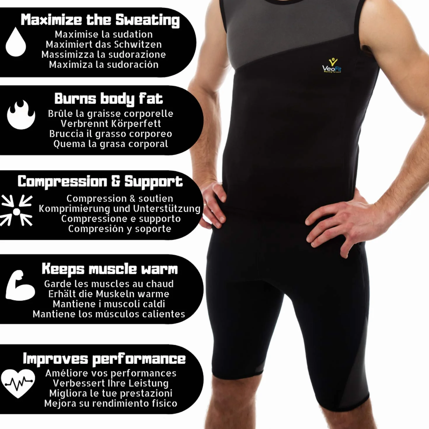 Short de Sudation Amincissant Homme en Neoprene VeoFit : Tonifie Le Ventre Mou et raffermit Les Cuisses Tailles S-XXXL,Noir