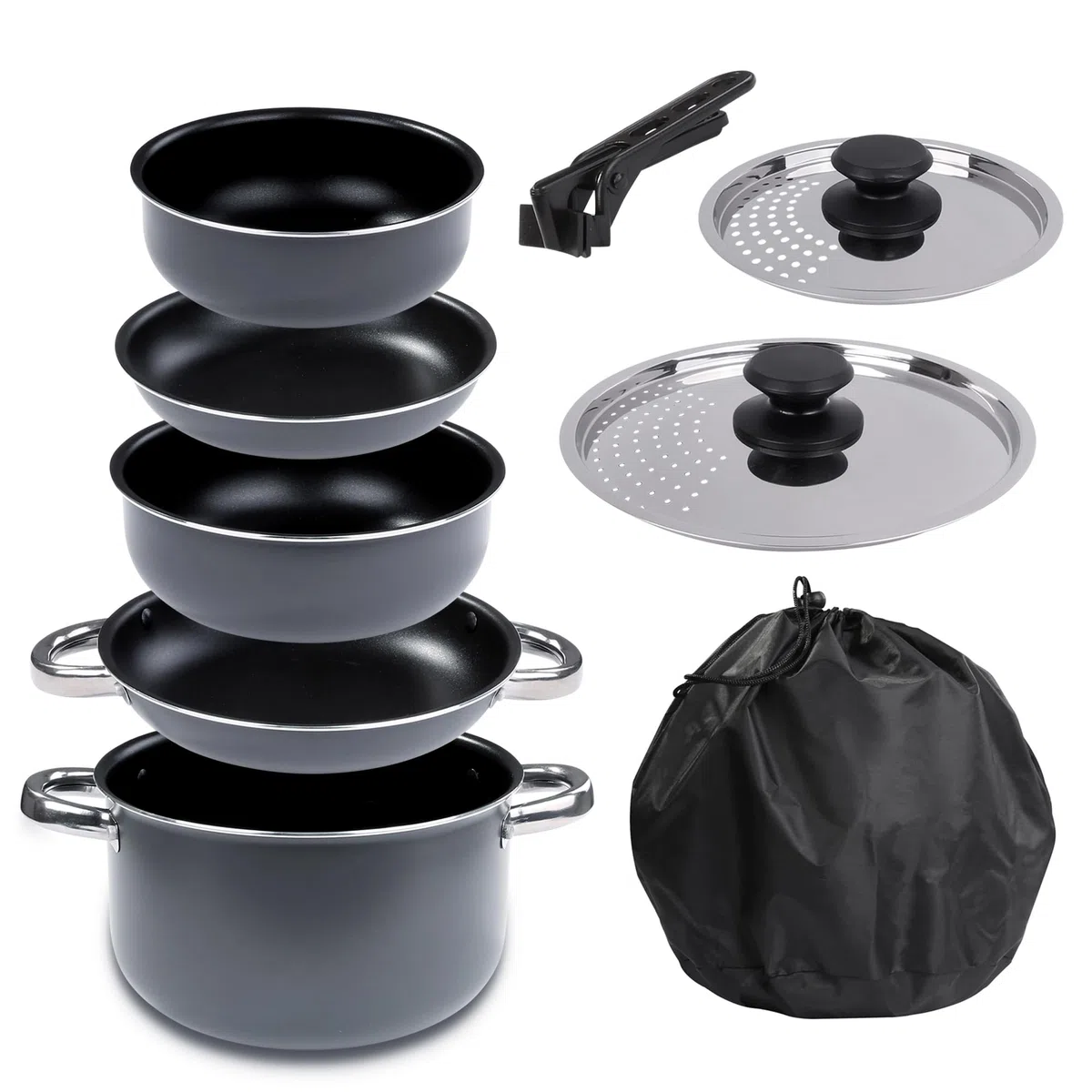 your GEAR Ranger Family Batterie de cuisine de camping 9 pièces en aluminium – Batterie de cuisine d'extérieur empilable avec revêtement antiadhésif – Batterie de cuisine de camping pour 6 personnes
