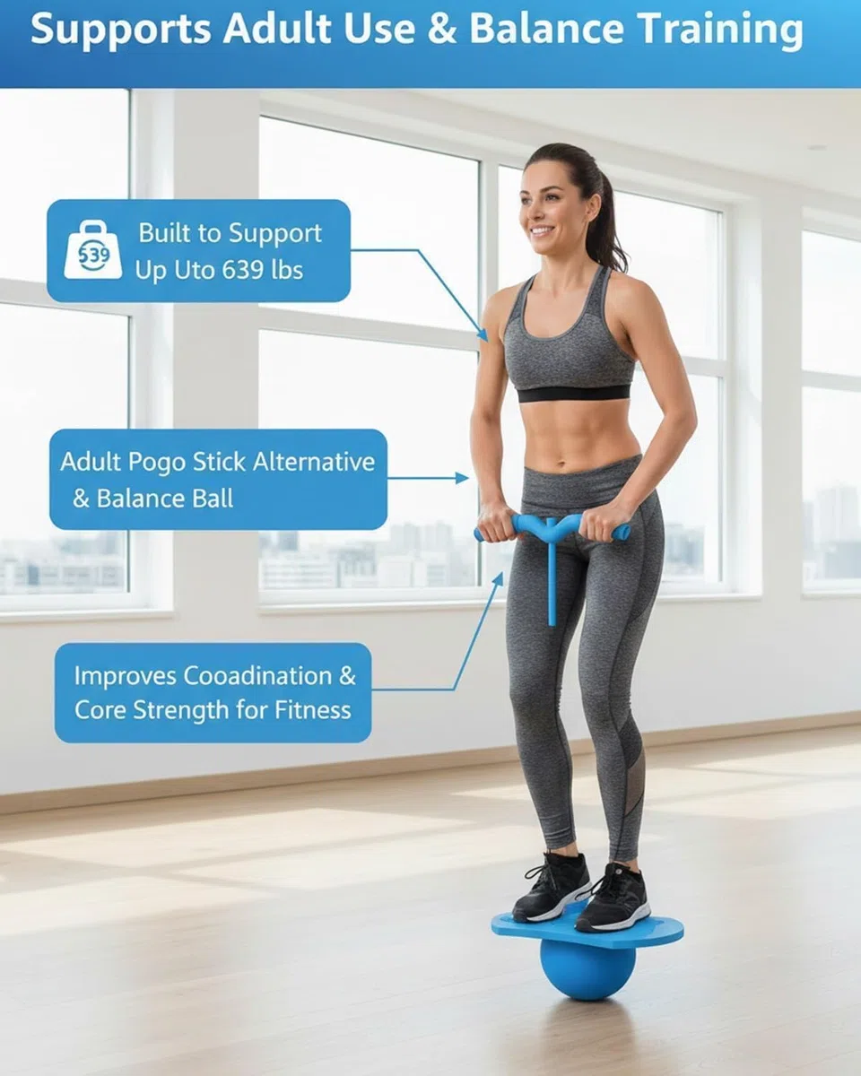 Générique Balle de Saut d'équilibre, Ballon Sauteur Pogo avec Poignée, Bâton Sauteur avec Repose-Pieds Antidérapants, Sûr et Amusant pour Intérieur et Extérieur (Bleu)