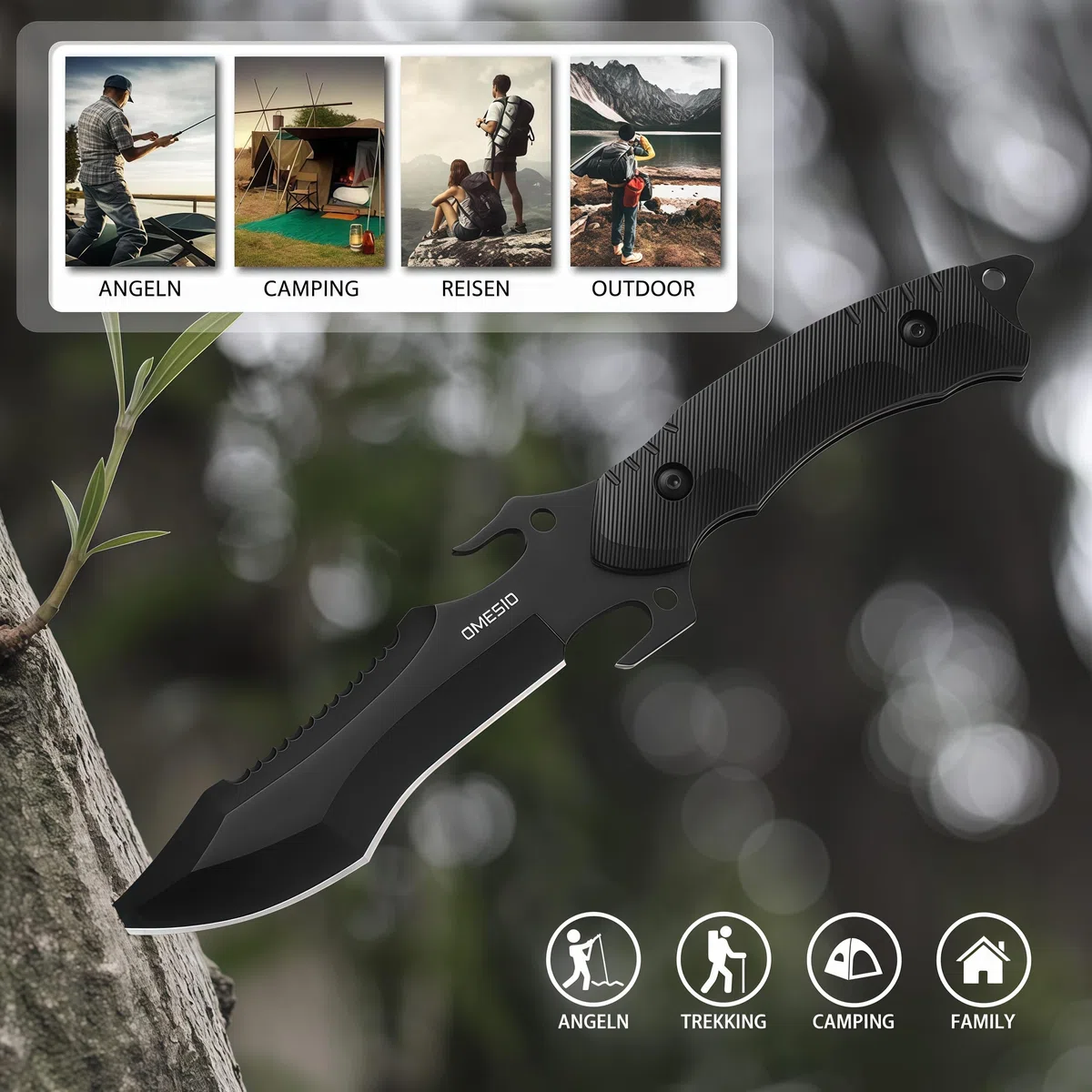 Omesio Couteau de Survie Lame Fixe Bushcraft - Full-Tang Noir, Forgé à la Main, Tranchant et Durable, Idéal pour Randonnée et Activités Outdoor
