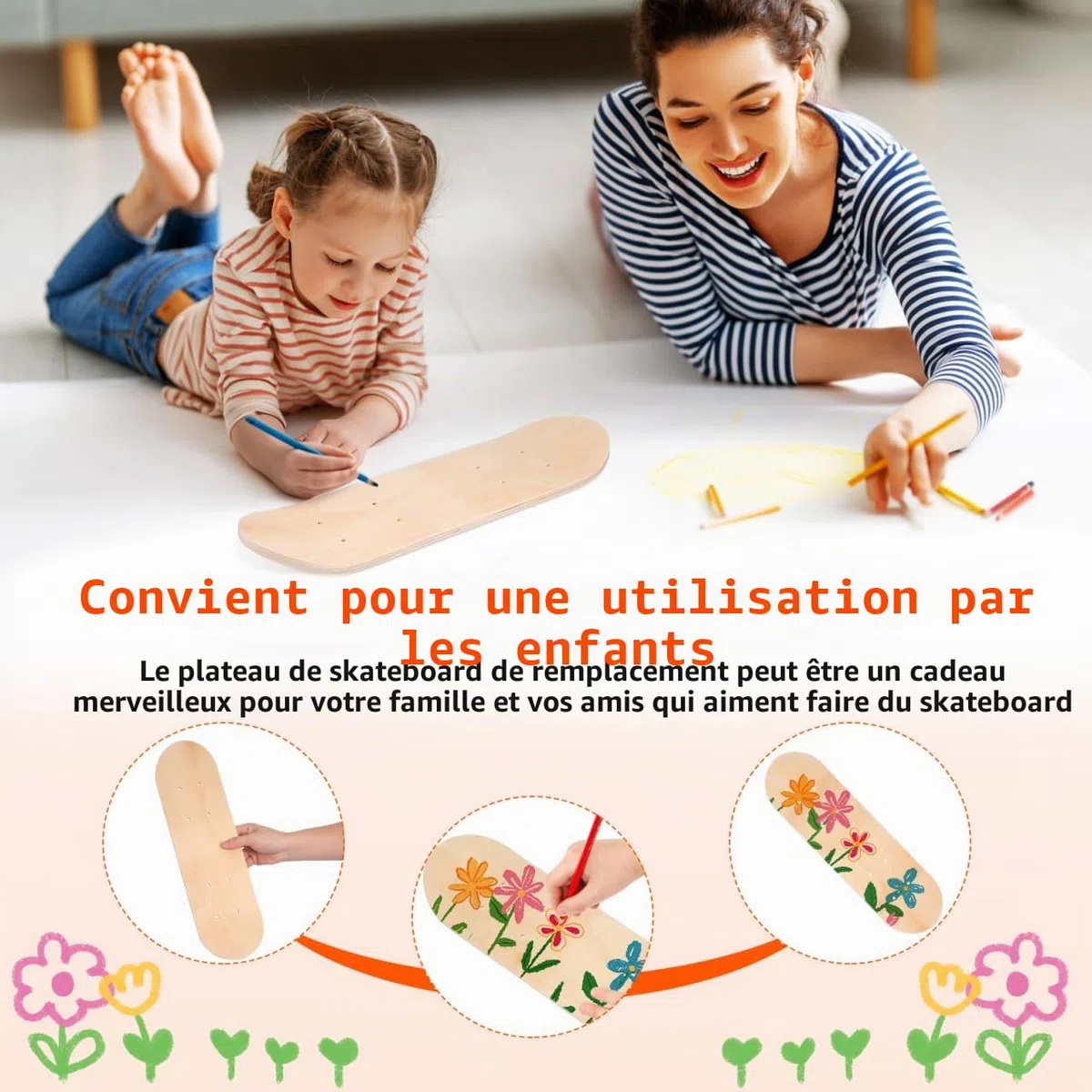 Planche de skateboard : 7 plis en bois d'érable vierge pour débutants – Planche double face brut de 43 cm pour la peinture et la créativité