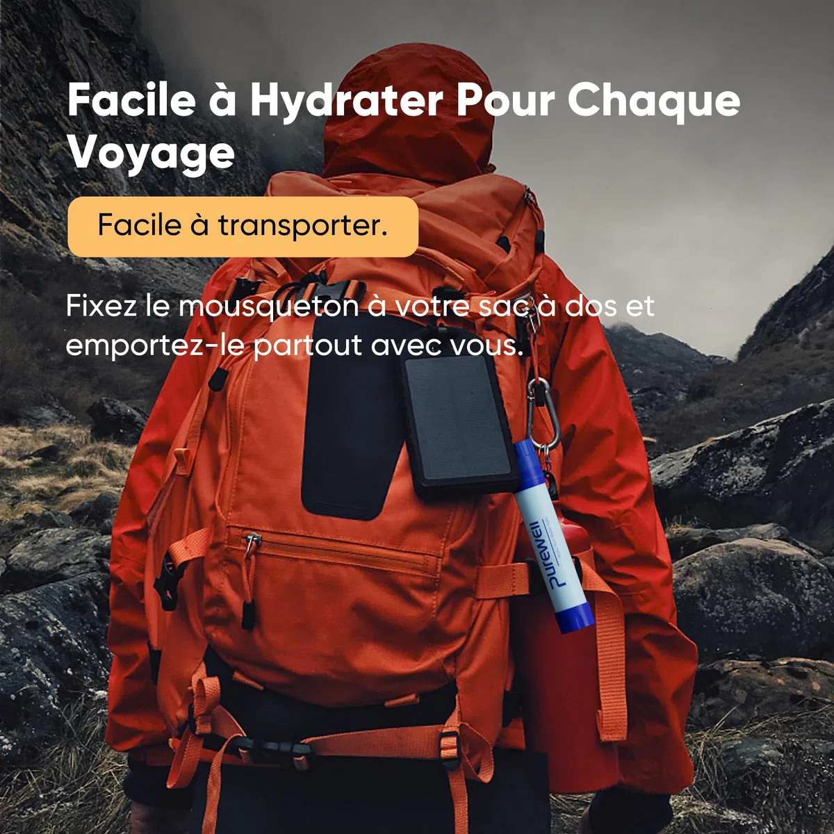 Purewell Paille Filtrante à Eau Survival - Filtre Portable 0.01 Micron Élimine 99.99% Bactéries - Avec Mousqueton - Pour Randonnée Camping Urgence - Durée de Vie 1500L Sans BPA