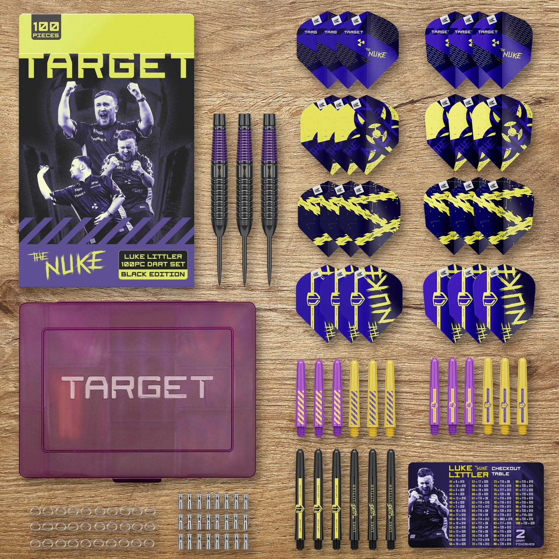 Target Darts Luke Littler Laiton avec Pointes Fixes en Acier Fléchettes, 22G | Tiges Pro Grip et Ailettes Pro Ultra N° 2 | Jeu de Fléchettes Professionnel 100 Pièces Accessoires Tous