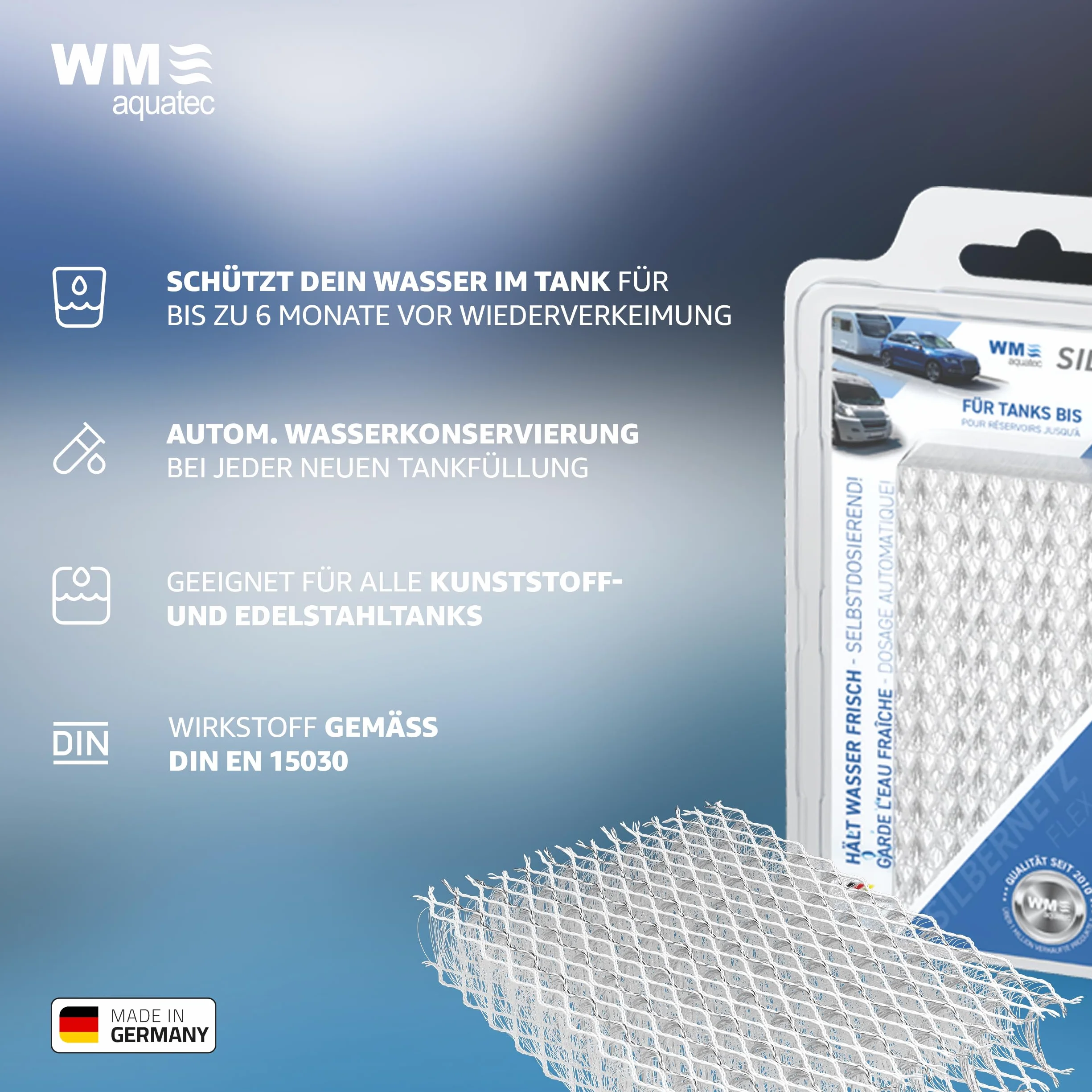 WM aquatec Silbernetz Flex STSN-15-2 | Conservation d'eau pour réservoirs jusqu'à 15L chacun | Conserve jusqu'à 750L d'eau grâce à l'ajout automatique d'ions d'argent purs | Fabriqué en Allemagne