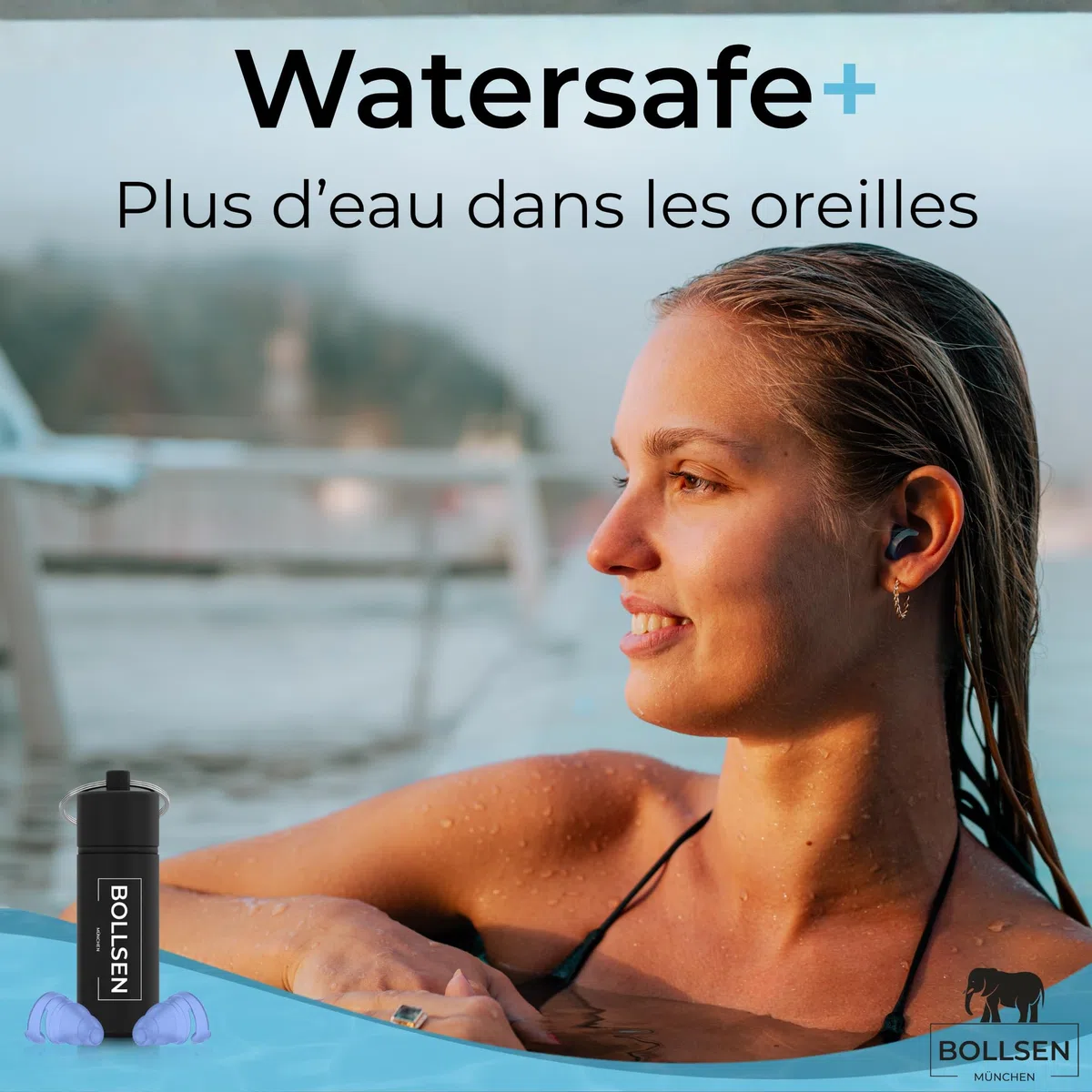 BOLLSEN Watersafe+ Bouchons d’oreilles de natation pour adultes – Bouchons en silicone réutilisables pour natation, douche, bain et sports nautiques – Étanches avec réduction du bruit 24 dB SNR (1)