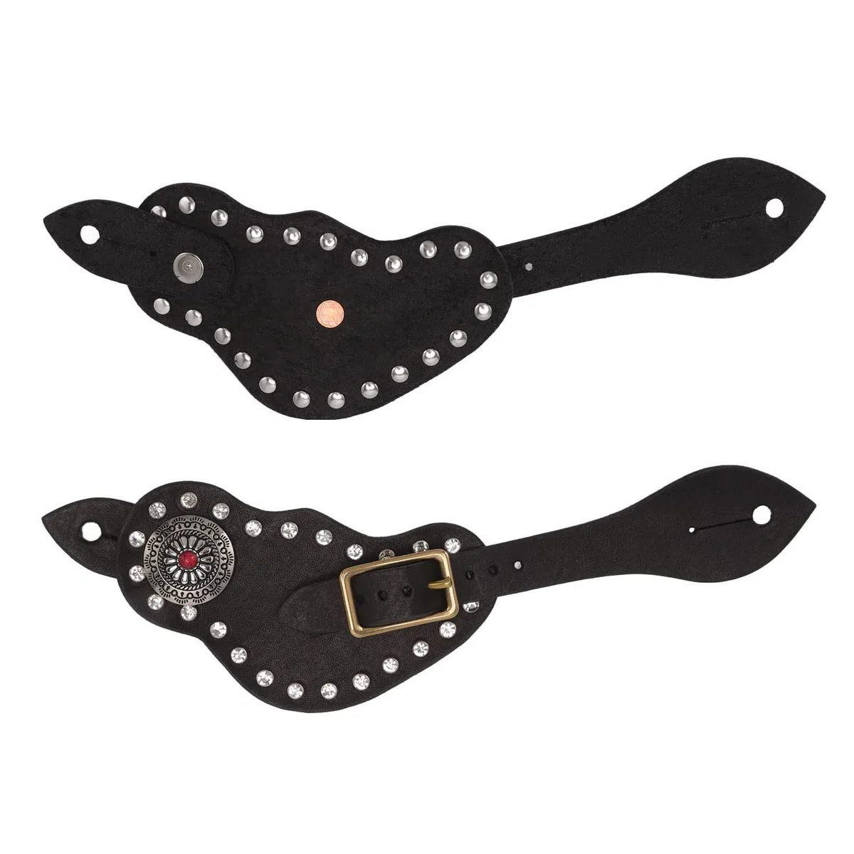 1 Paire de Sangle d’éperon en Cuir avec Strass, Style Western Vintage, Ceinture d’éperon pour l’équitation avec Boucle en métal, Sangle en Cuir de Vache réglable pour Bottes