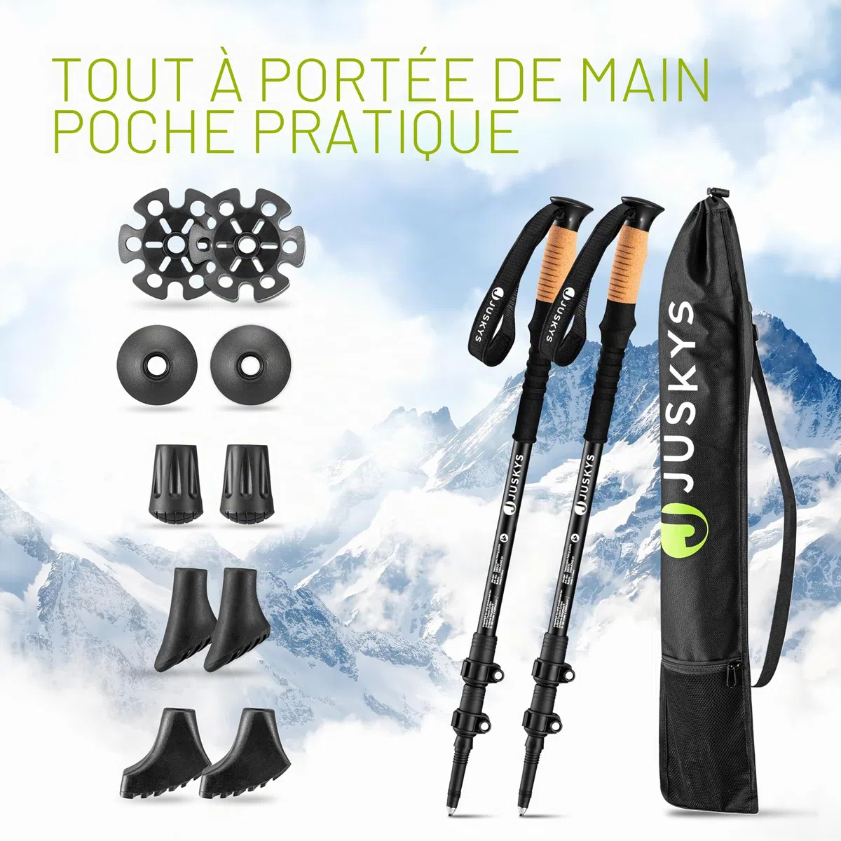 Juskys Bâtons de Marche Nordique - 2 bâtons de Marche télescopiques en Aluminium, légers & Extensibles, pour Femmes & Hommes, avec Embout en Caoutchouc & Sac, poignée en liège - Noir