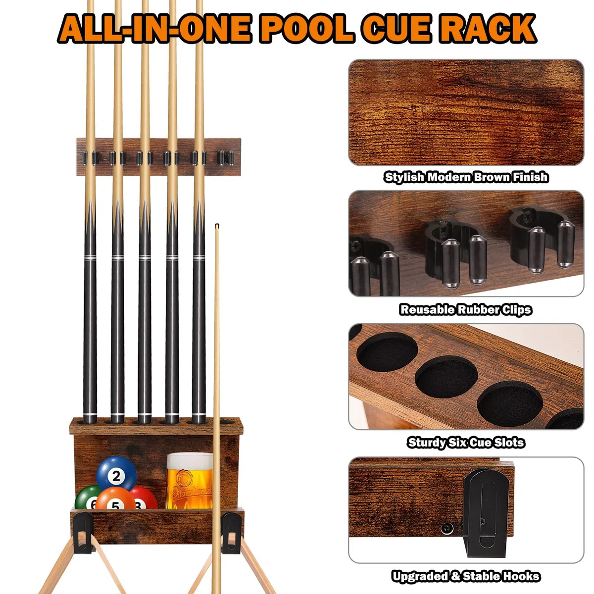 Support Mural pour Bâtons de Billard, Support pour 6 Queues de Billard, Accessoires pour Table de Billard, Support en Bois Massif pour Ensemble de Queues de Billard, Organisateur Rustique pour