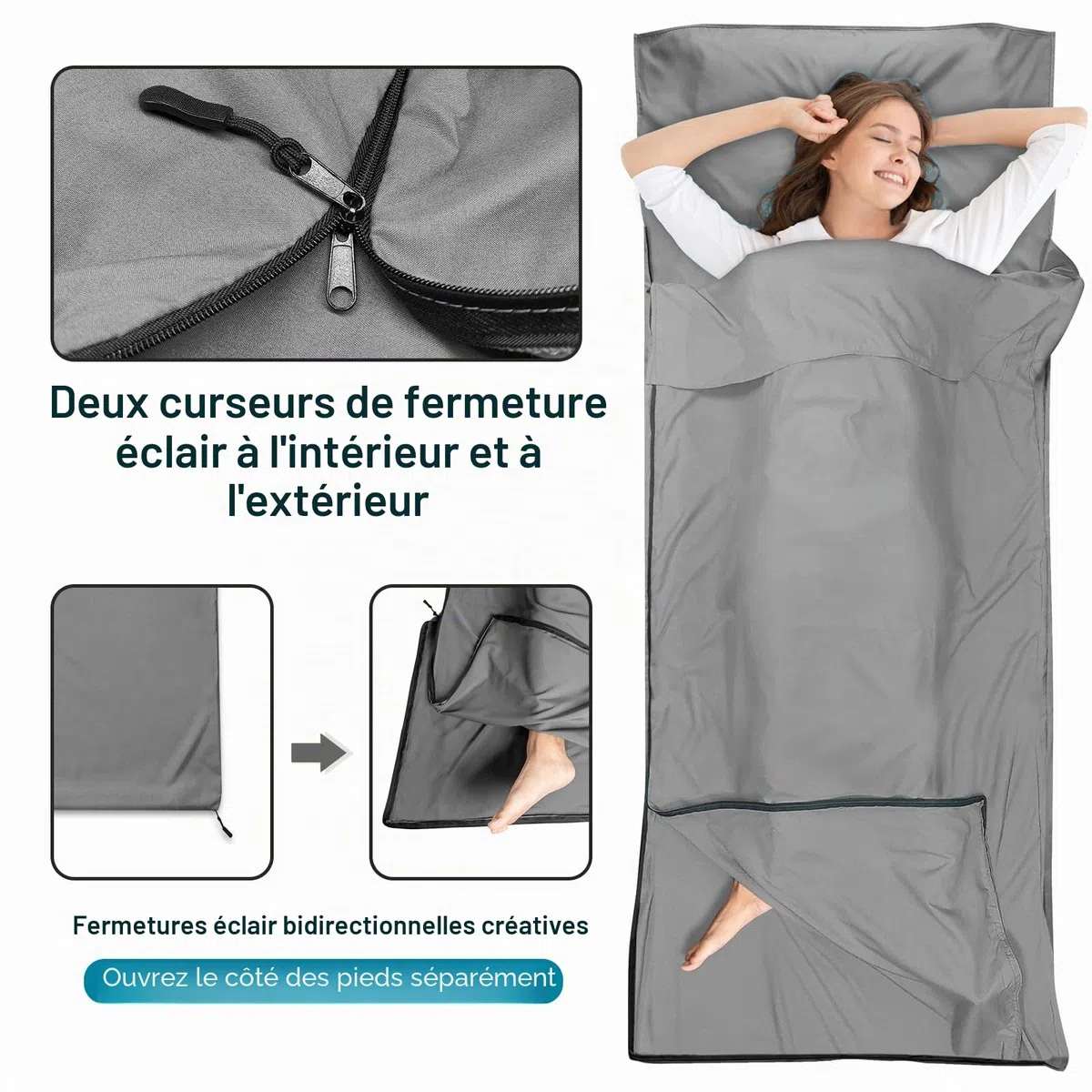 Doublures de sac de couchage en satin, ultra légères et soyeuses avec fermeture éclair bidirectionnelle, 220 x 90 cm, pour voyage, hôtel, voyage d'affaires