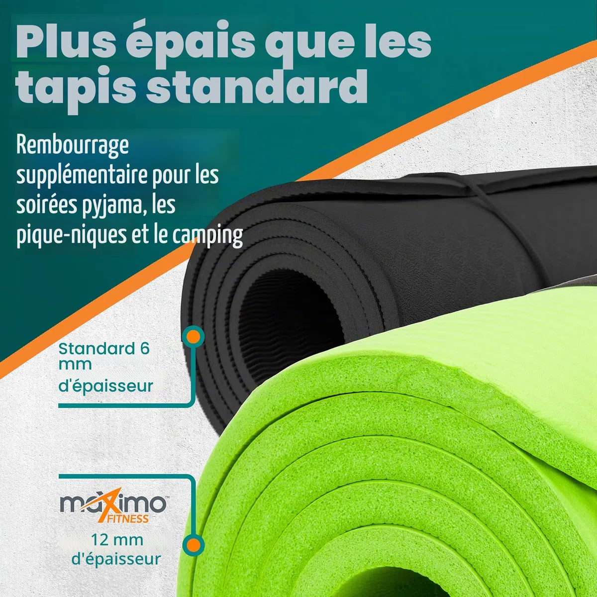 Maximo Fitness Tapis d'exercice physique en NBR de haute qualité – Extra épais de 12 mm – Multi-usage – Parfait pour yoga, pilates, abdominaux.