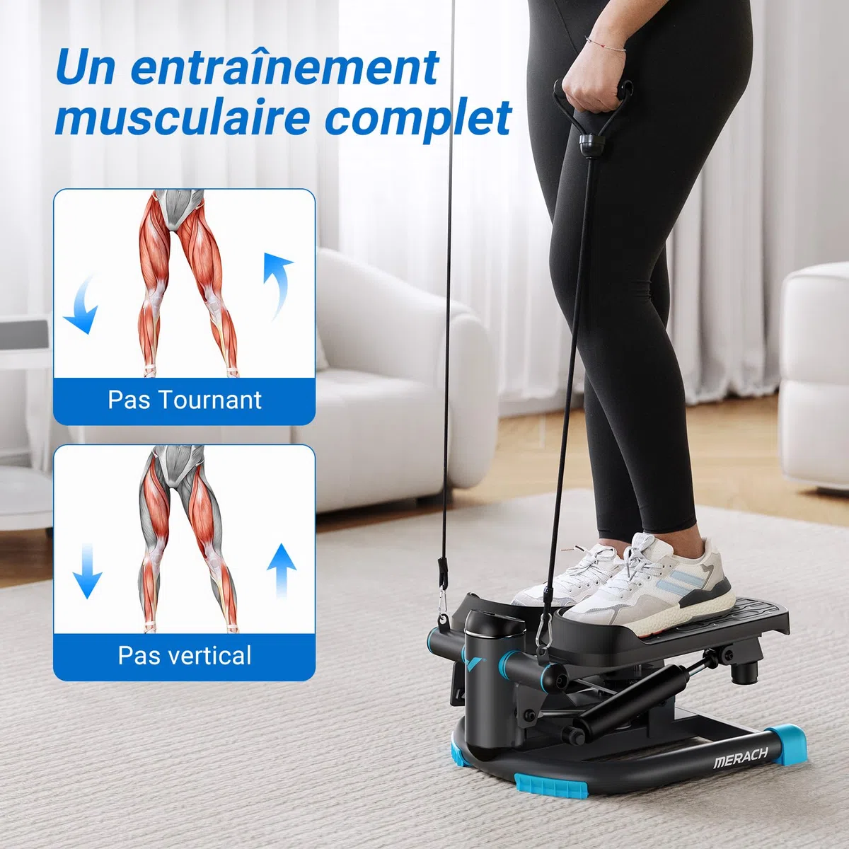 MERACH Mini Stepper Fitness Appartement,Stepper 2 en 1 pour la Maison,Swing Silencieux 150 kg avec Écran LCD et Bandes de Résistance,pour l'Entraînement des Jambes,des Bras,des Fesses