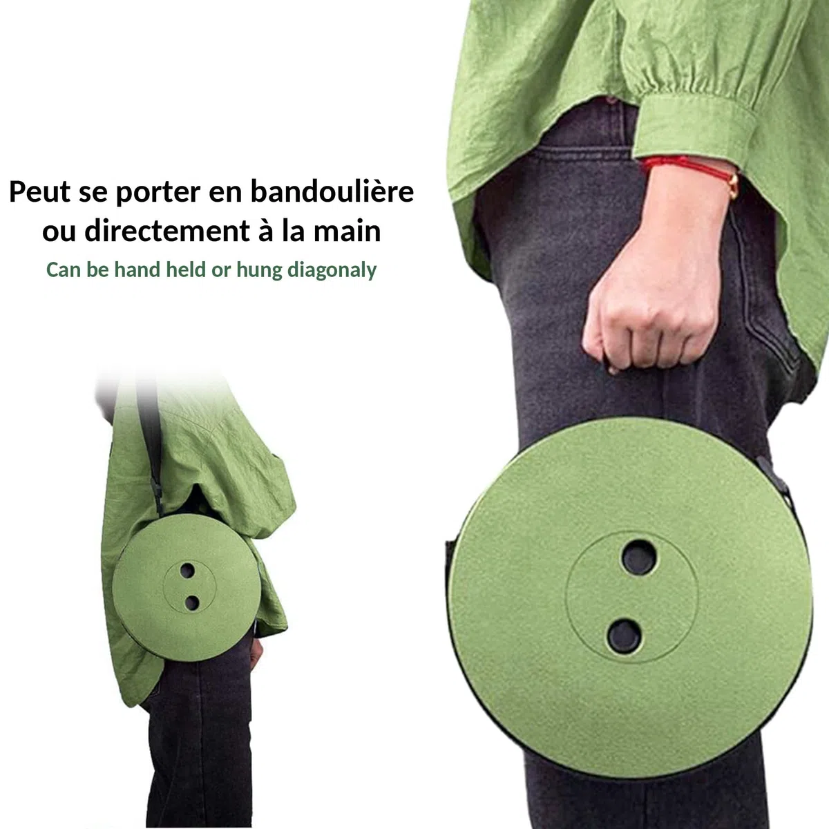 Fishtec - Tabouret Pliable Télescopique - Hauteur Réglable 6-44,5 Cm ABS Résistant 130 Kg Portable 1,28 Kg Ø25,5 Cm Bandoulière Compact Noir Vert - Camping Pêche Randonnée Pique Nique