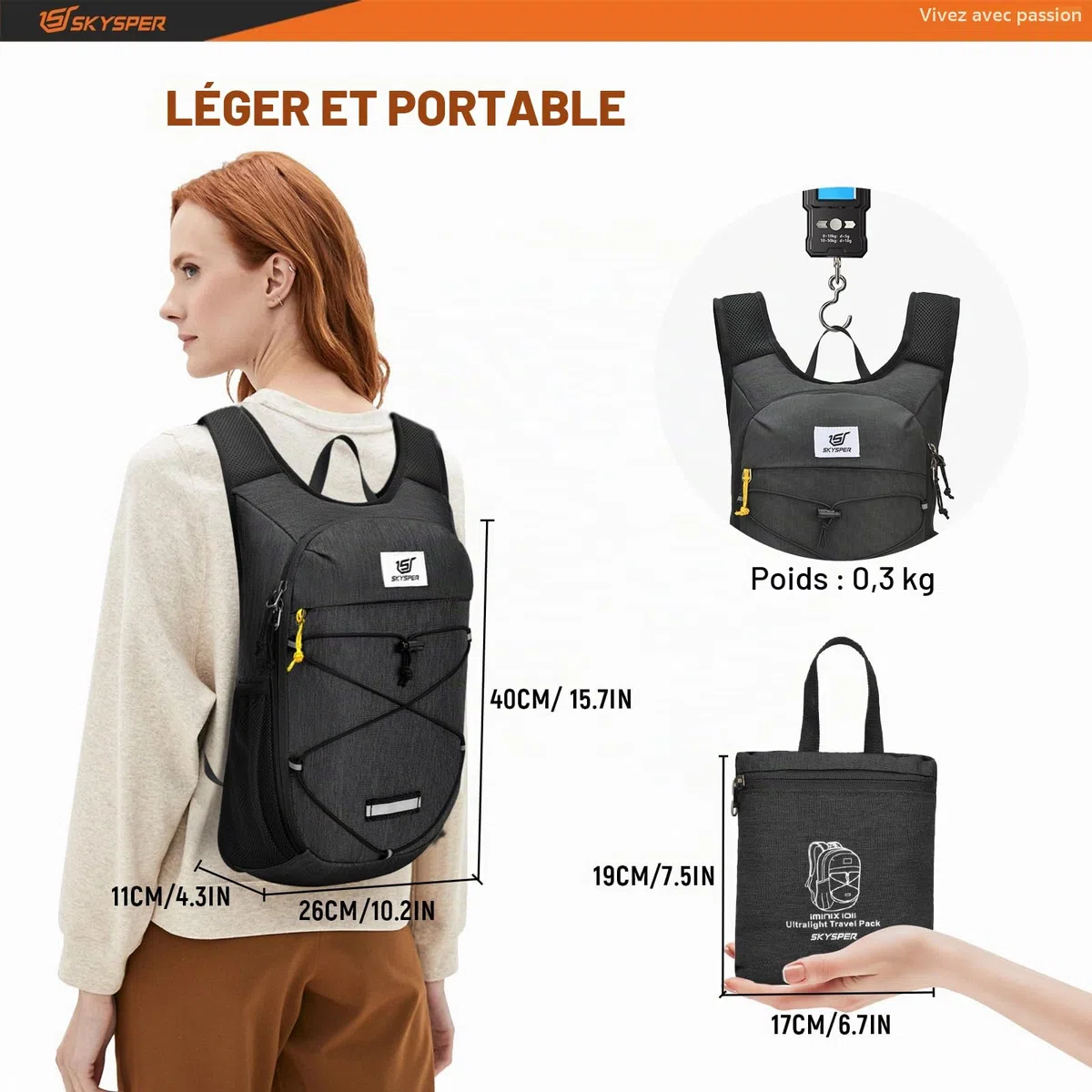 SKYSPER Sac à dos Pliable Léger 10L, Sac à dos Randonnée Petit Sac a Dos Homme Femme pour Voyage Loisir Velo Sport