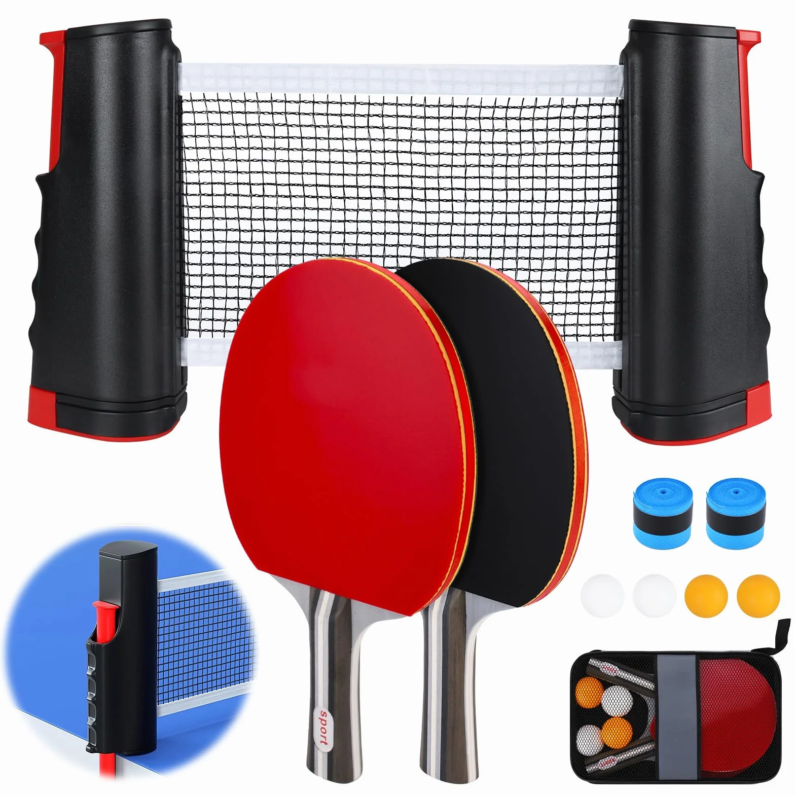 Set de Tennis de Table,2 Raquettes de Tennis de Table,4 balles (2 Jaunes,2 Blanches),Filet rétractable,2 revêtements de Manche & Sac de Transport,Set Mobile,idéal pour intérieur et extérieur