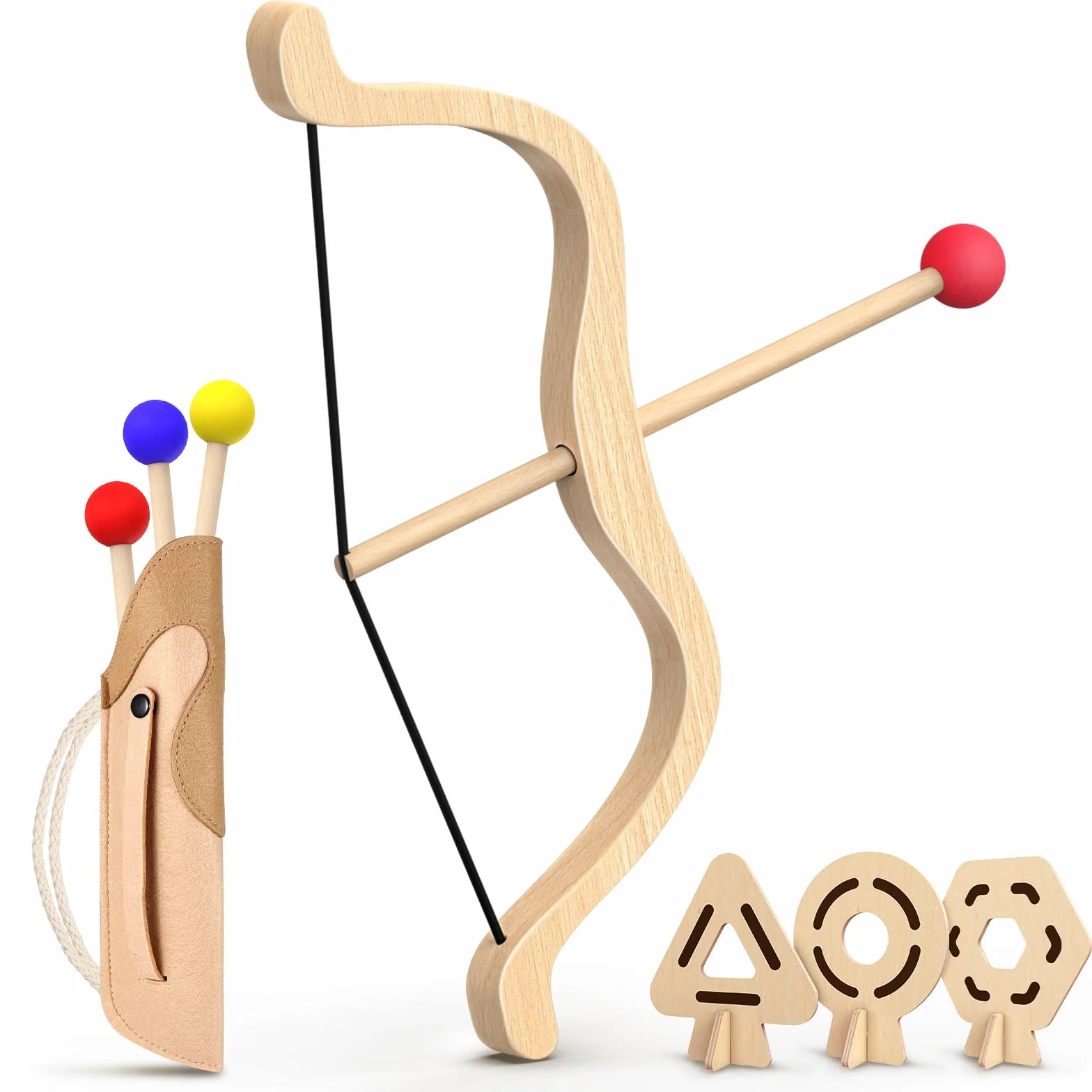 Arc et Flèches pour Enfants en Bois, 3 Flèches 3 Cibles, Carquois Jouet Intérieur Extérieur (3-8 Ans) pour Droitiers Gauchers