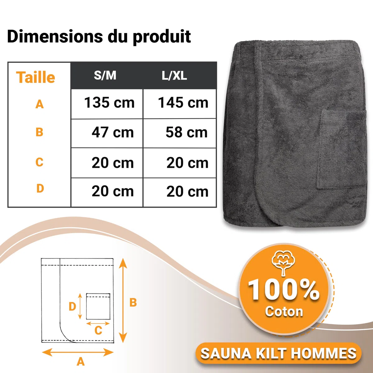 ZOLLNER Kilt de sauna pour hommes doux pour la peau et absorbant - coton - avec élastique etfermeture a scratch - certifié Oeko Tex®, 198