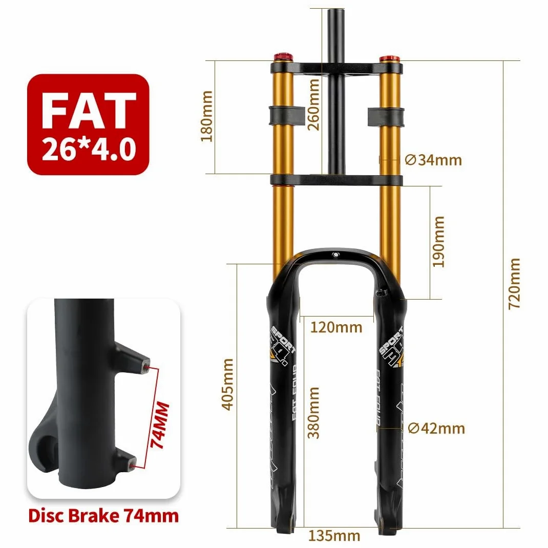 26'' Vélo Fat Fork Descente VTT Fourche À Suspension Pneumatique Débattement 140mm Droite Double Épaule Fourche Rebond Réglable Frein À Disque ， pour Pneu 4.0 (Color : Black)