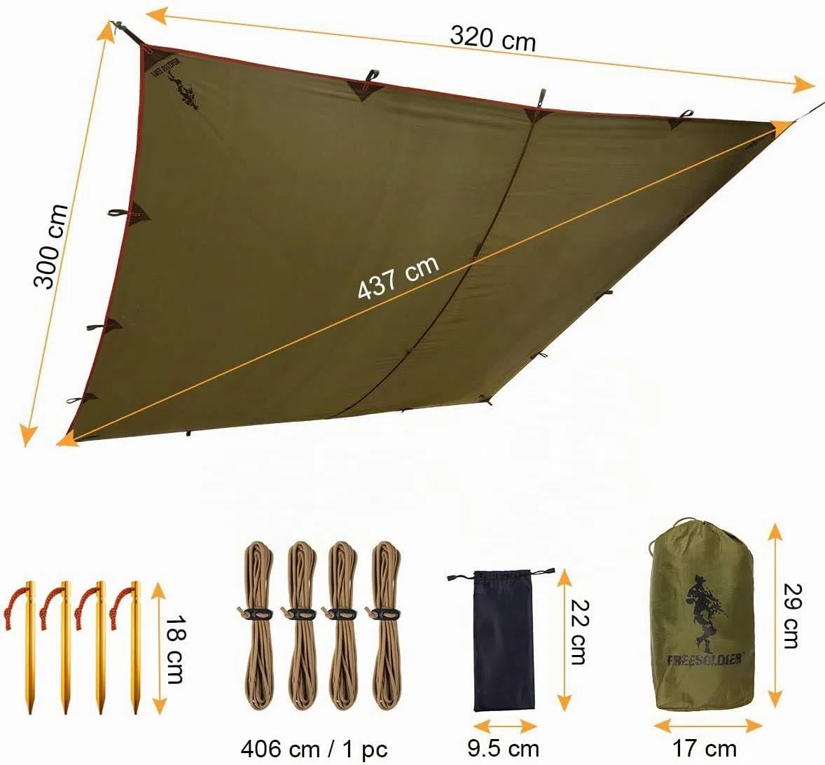 FREE SOLDIER Camping Tarp 3m x 3.2m Housse de Pluie Bâche Portable Léger Etanche Rain Fly Fly Tente Imperméable Au Sol Anti-UV Abri pour Randonnée(Marron，avec Clous)