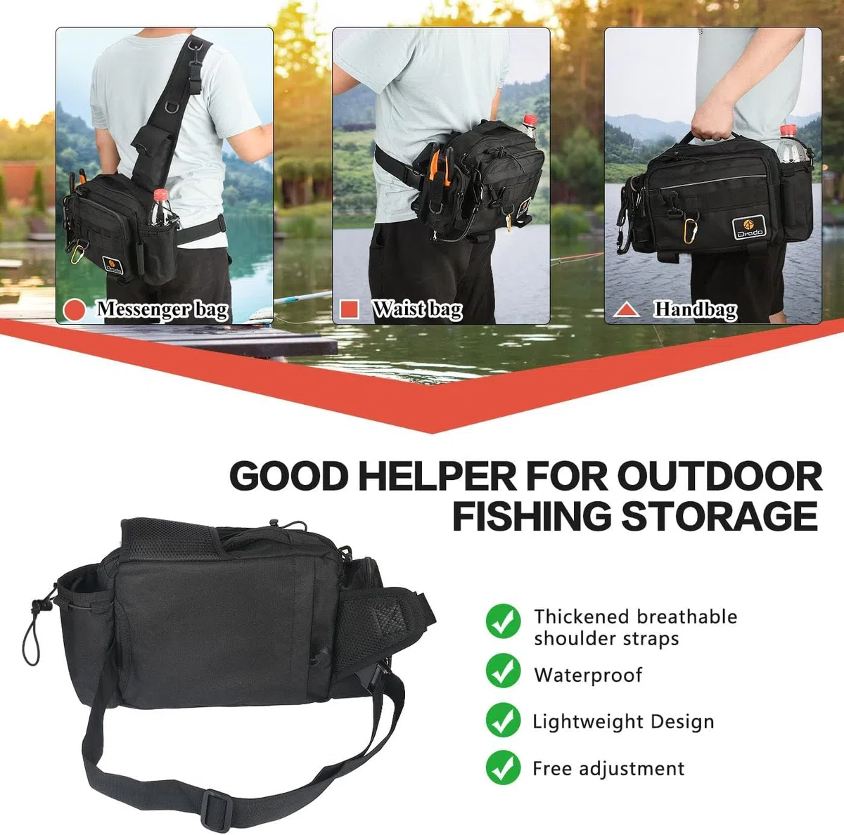 drado Sac de pêche à bandoulière, Sac à Dos Tactique, Sac à Dos de pêche imperméable et résistant à l'usure pour Accessoires de pêche(Noir)