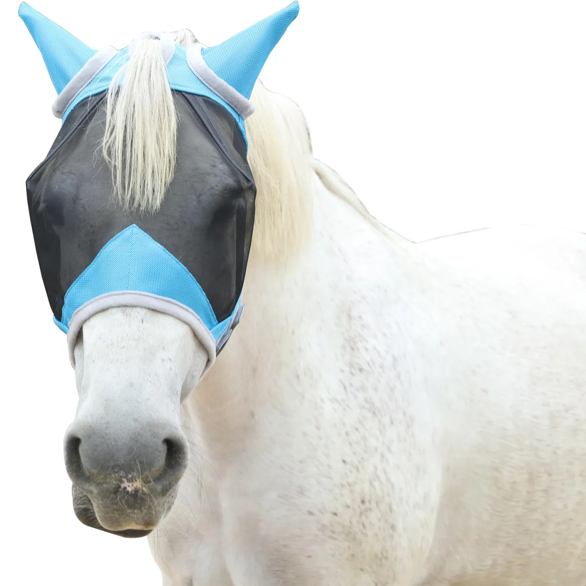 Masque Anti-Mouches pour Chevaux, avec Protection pour Les Oreilles, Protection Anti-UV, Maille Respirante, Large Espace pour Les Yeux, Trou pour Le Toupet, sans Frottement, Bleu Lac Large