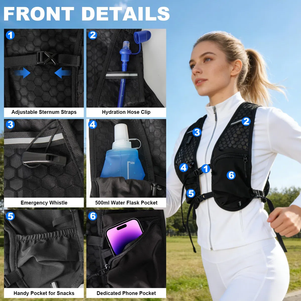 Gilet de Course pour Homme et Femme avec Poche à Eau de 2 l et Gourde de 500 ML - Sac à Dos d'hydratation Ultra léger et Respirant pour Homme pour Jogging, Trail, vélo, Marathon