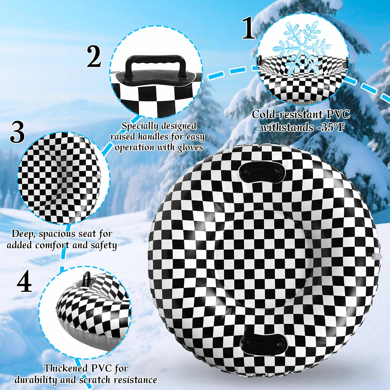 101cm Drapeau à Damier Noir et Blanc Tube à Neige pour Enfants et Adultes, en PVC Résistant au Froid Luge Gonflable Neige avec Poignées Surélevées Équipement de Luge d'hiver en Extérieur