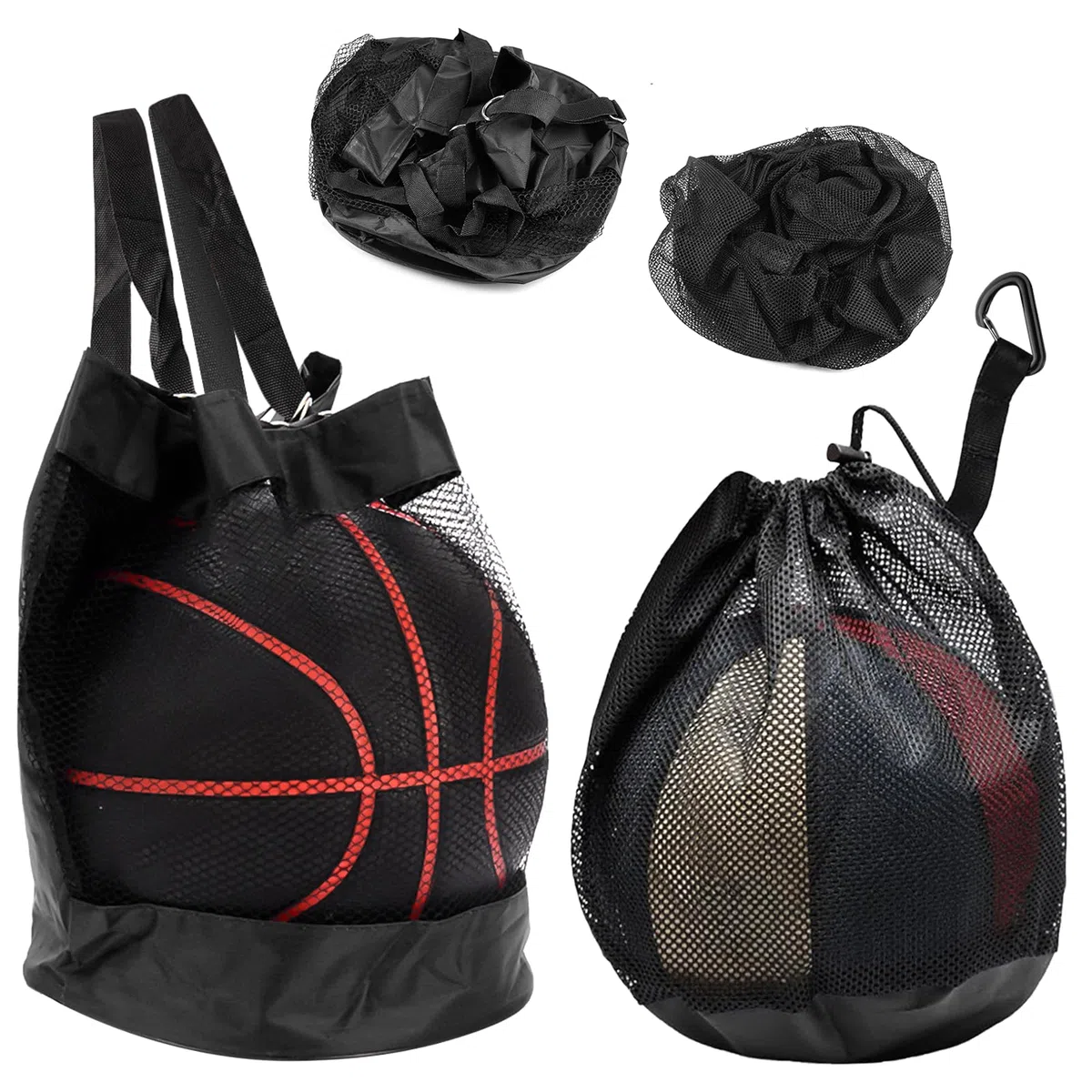 2 Pièces Sac à Dos De Basket-Ball, Sac en Filet, Sac Ballon De Basket - Filet Pliable Zippée et Mousqueton, Bandoulière Réglable Filet Ballon avec Cordon pour La Natation, Le Fitness et Les Voyages