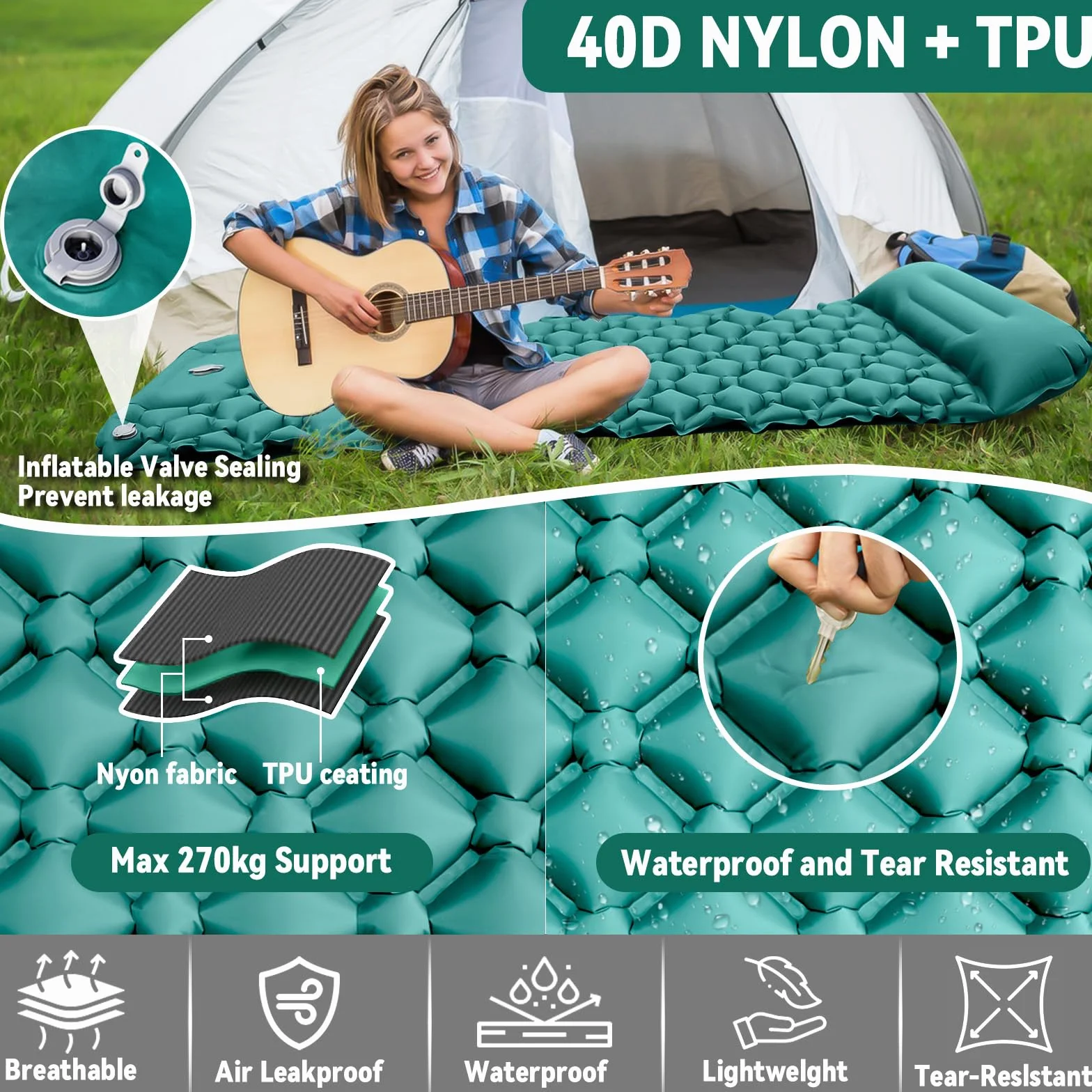 Tapis de Camping Gonflable Ultraléger avec Oreiller, Matelas de Camping Autogonflant avec Pompe à Pied, Portable Tapis de Matelas Pneumatique pour Plage, Aventures en Plein Air