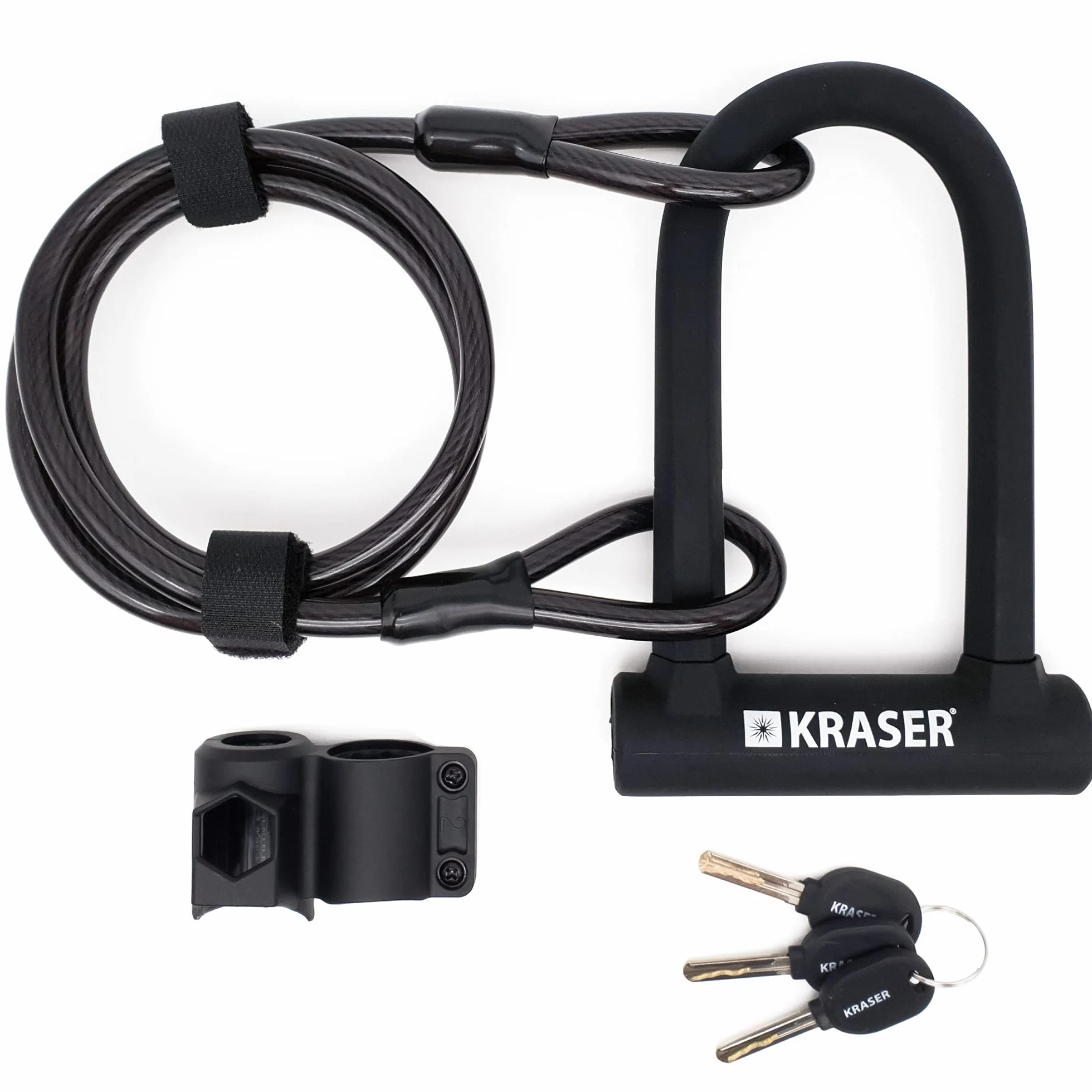 KRASER KR65145B Antivol Vélo, Robust U + Cable 120cm Plus Sûr et Pratique, Anse ø16 Acier Double Verrouillage, Support Transport Facile, Protection Silicone Anti-rayures, Universel pour Scooter Vélo