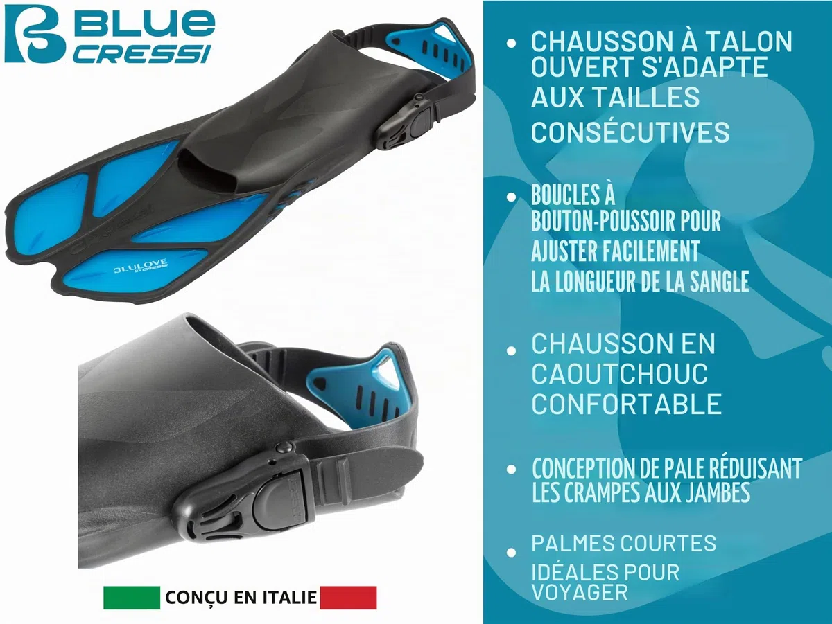 Cressi Palmes de Natation Courtes réglables pour Adulte avec Boucles Ultra résistantes, très légères – Idéal pour Les Voyages | Bonete : conçu en Italie