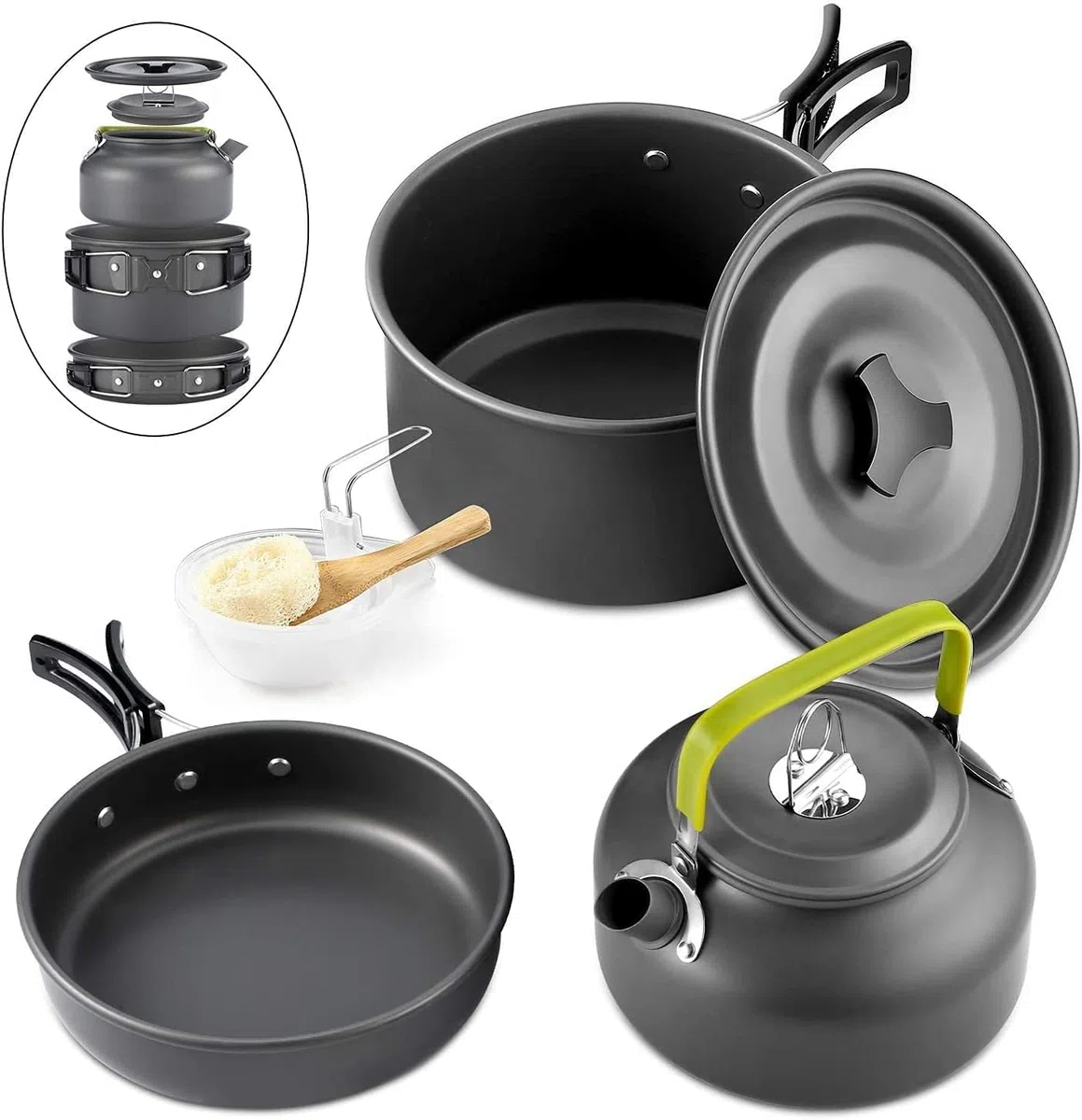 Queta Batterie de Cuisine 10 pièces pour Pique-Nique, Camping, Randonnée, Barbecue, Casseroles de Camping Pliables, Certifiées FDA
