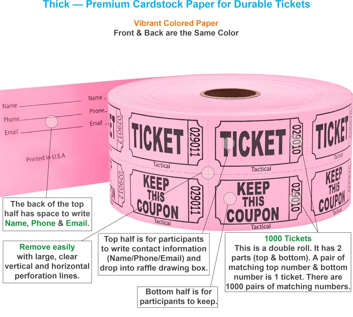 Tacticai Lot de 1000 tickets de tombola Rose (1 des 8 couleurs), double rouleau, tickets pour événements, entrée, récompense de classe, collecte de fonds et prix