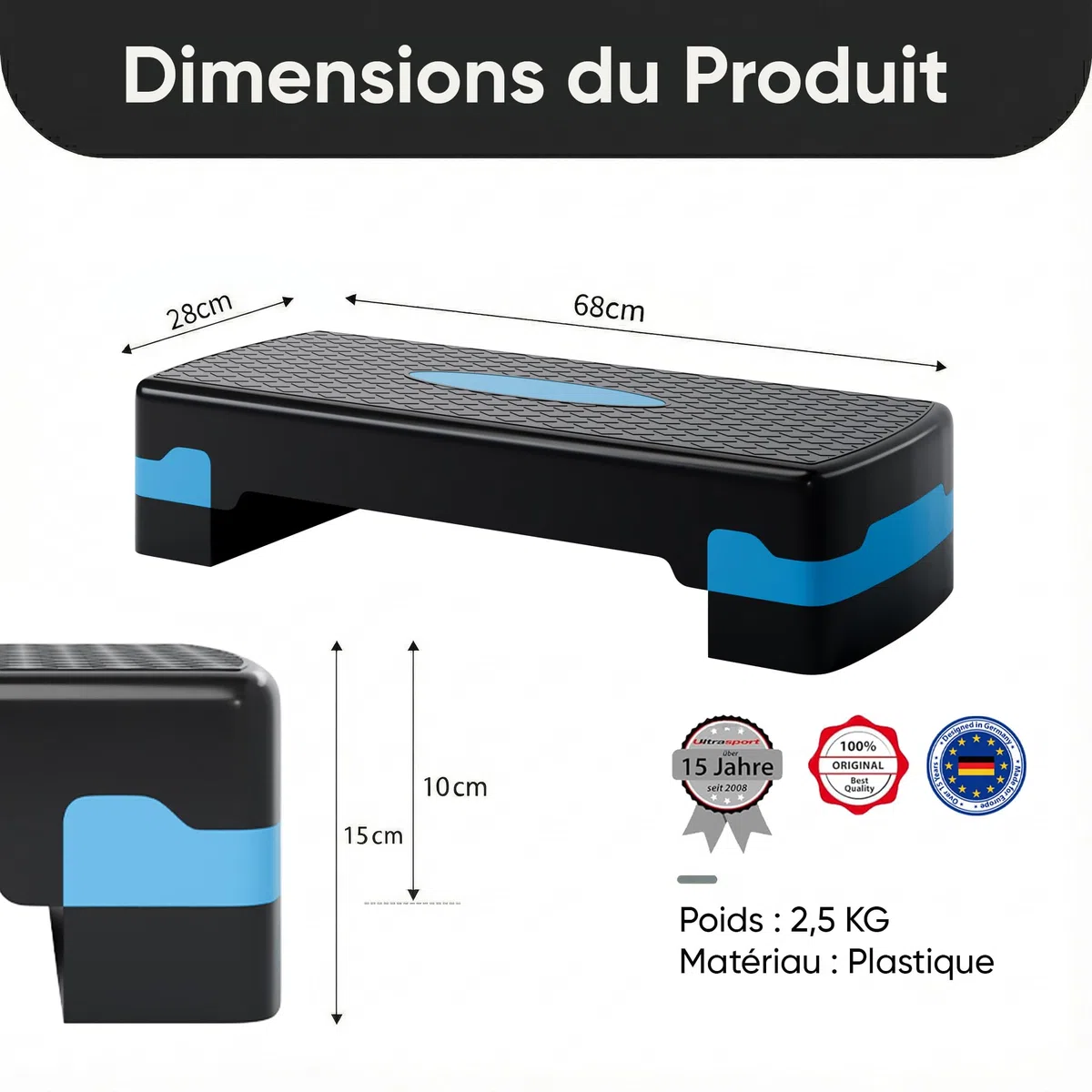 Ultrasport Step Aérobic I Antidérapant, Réglable sur 2 Niveaux I Stepper Fitness Appartement, Stepboard, Sport Stepbench 68 x 28 cm, Bleu