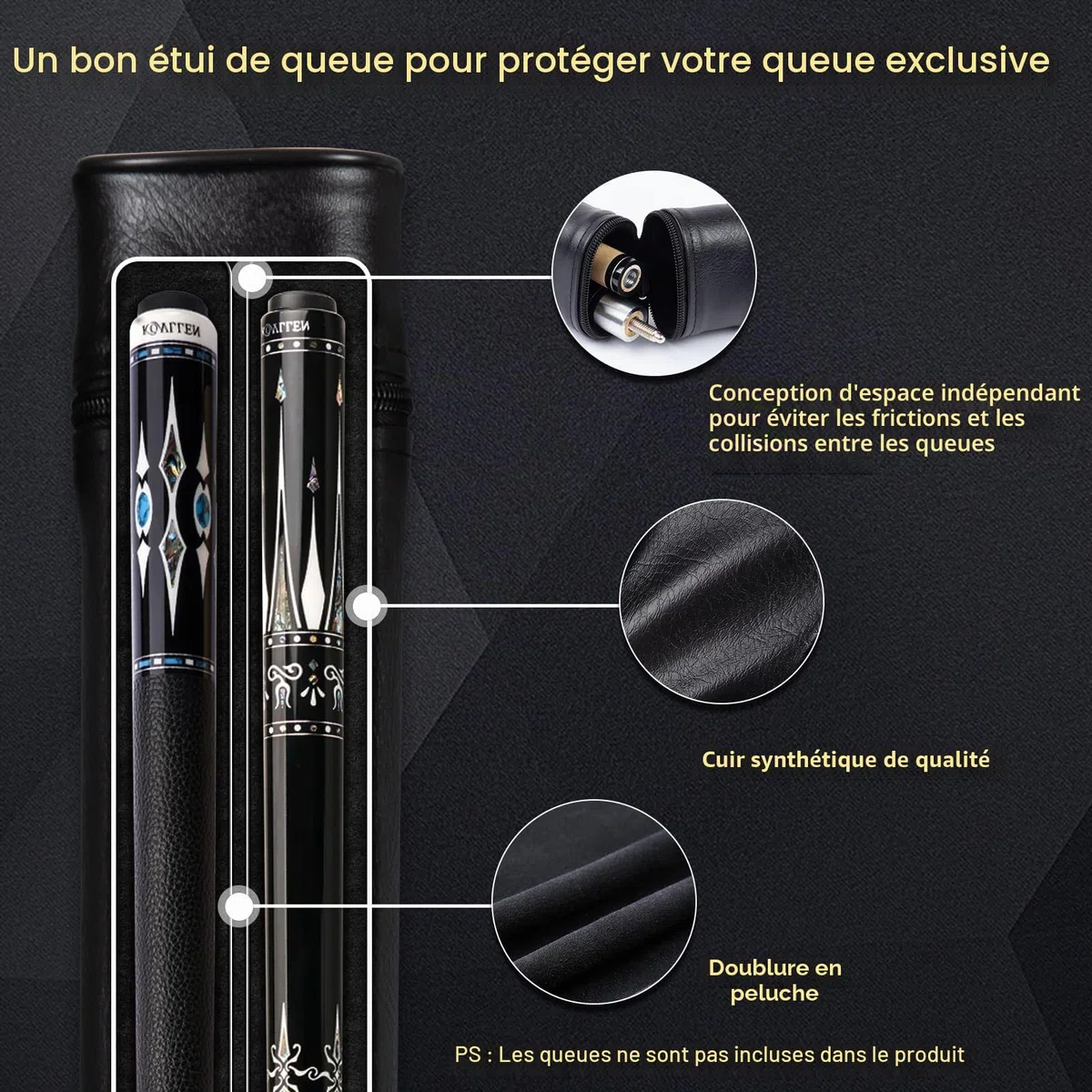 Mallette de queue de billard, 2 trous avec poche extérieure et sangle réglable, 1 boîte rigide pour baguettes de billard