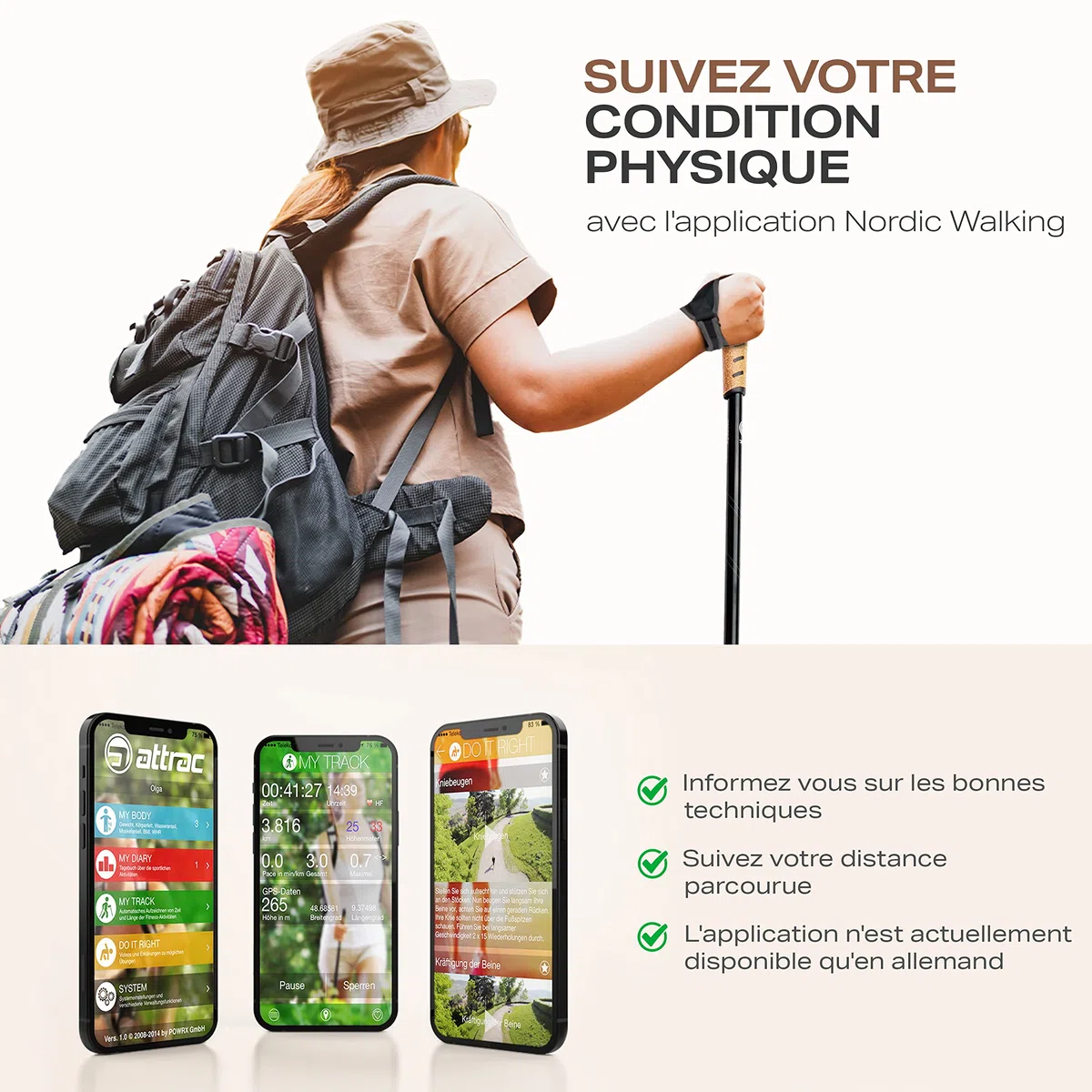 ATTRAC Bâtons de Marche Nordique Classique avec système télescopique, Anti-Choc et Amortisseur - Longueur réglable de 69 à 136 cm - Poignée en liège