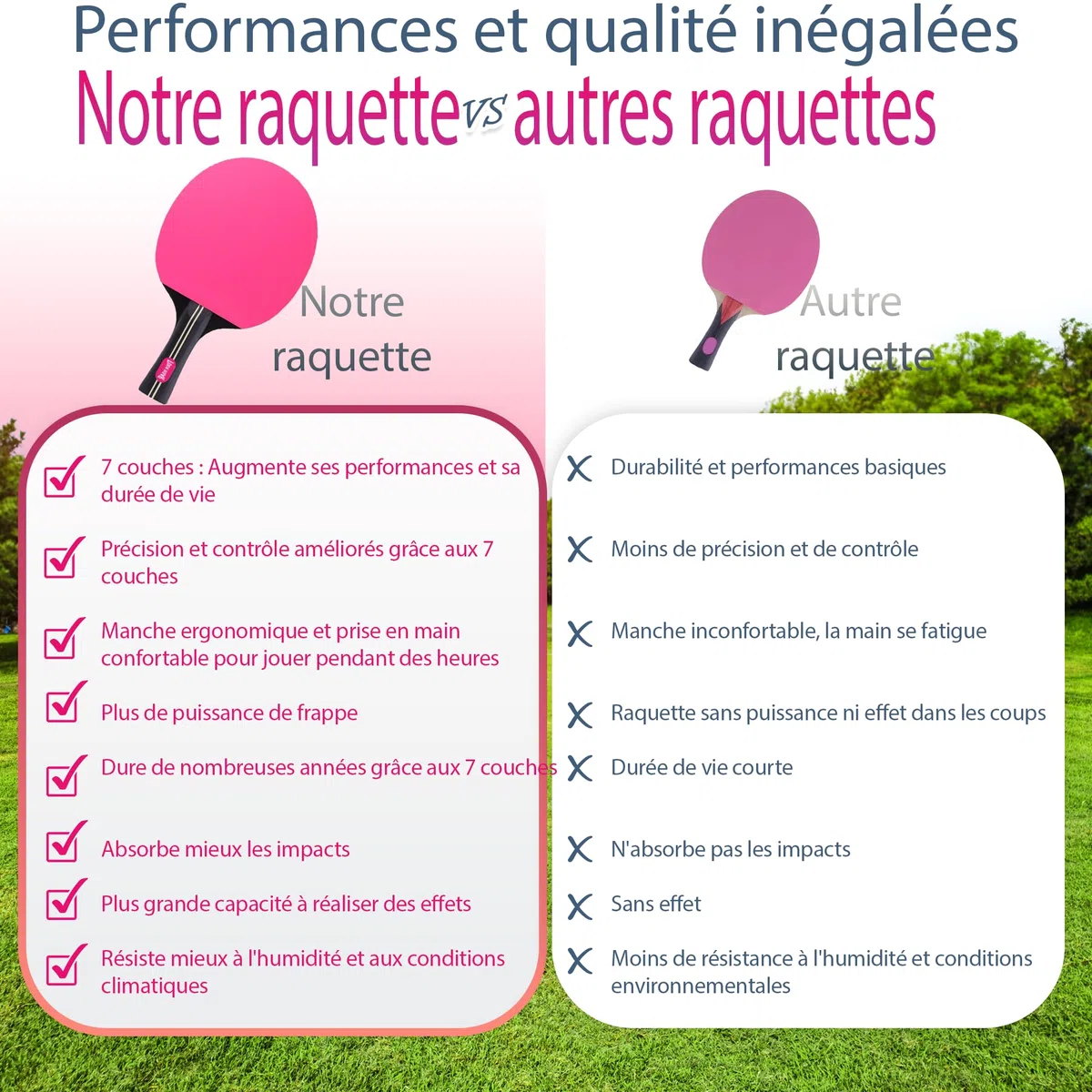 Raquette de ping pong rose avec 7 couches