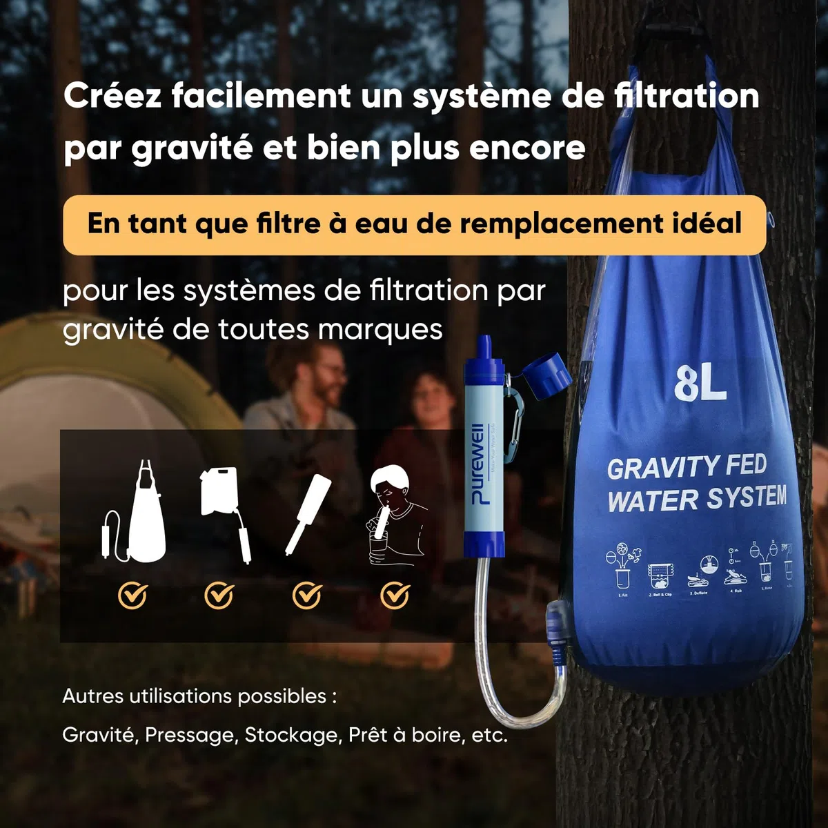 Purewell Paille Filtrante à Eau Survival - Filtre Portable 0.01 Micron Élimine 99.99% Bactéries - Avec Mousqueton - Pour Randonnée Camping Urgence - Durée de Vie 1500L Sans BPA