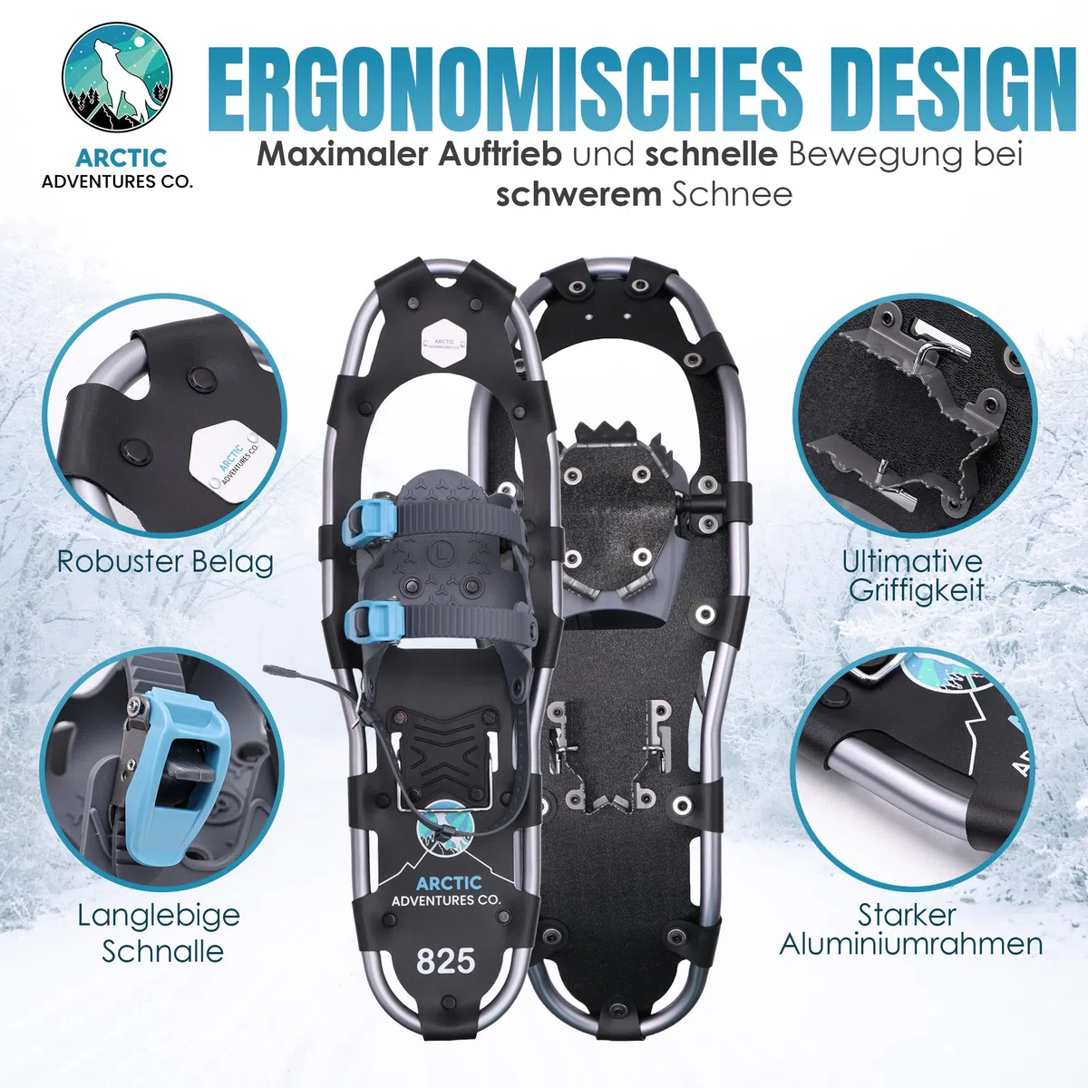 Raquettes de neige 3 en 1 pour homme et femme en aluminium avec tailles réglables et bâtons de trekking.
