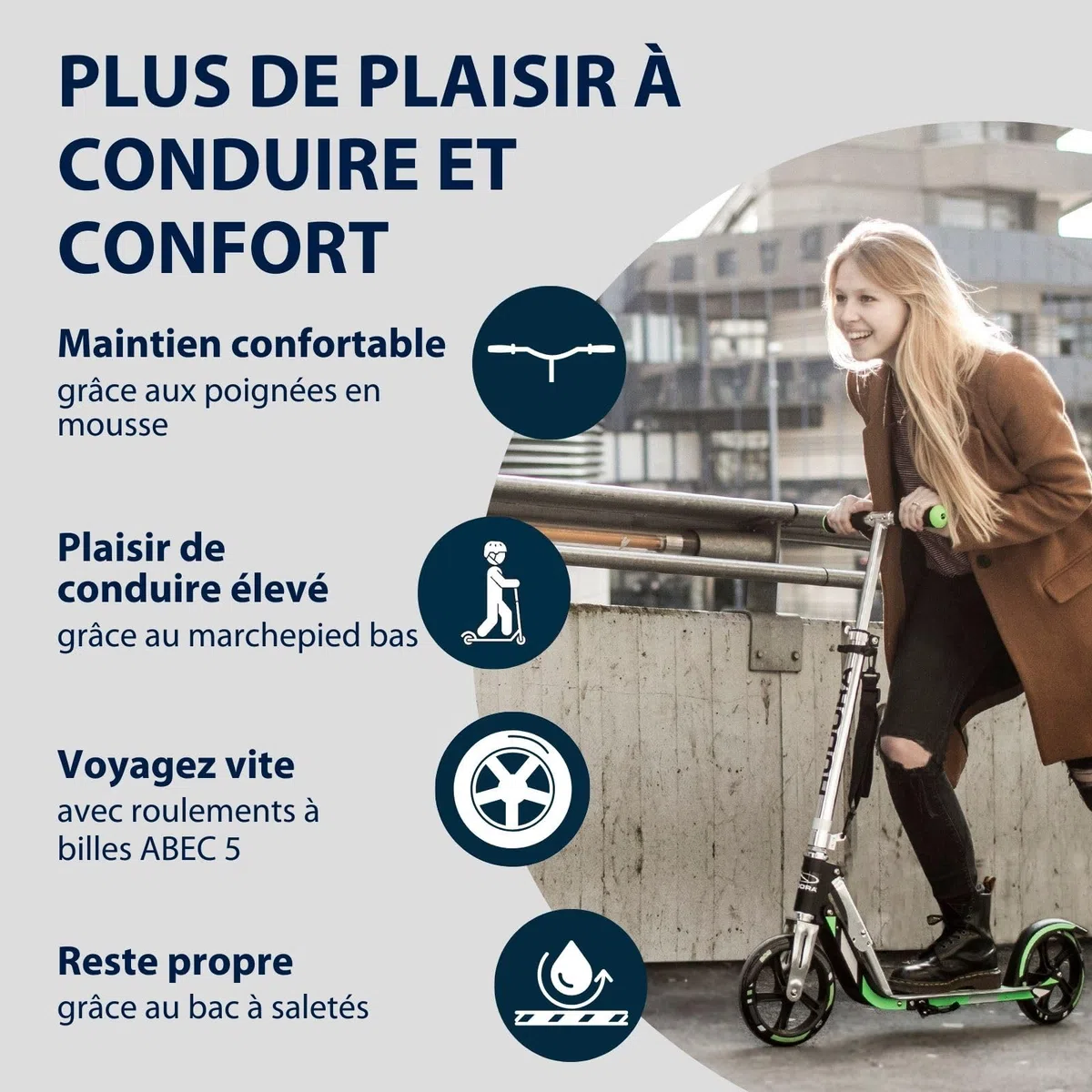 HUDORA BigWheel 205 Scooter - Trottinette Stable en Aluminium - Trottinette de Ville Ajustable en Hauteur & Pliable avec béquille - Trottinette Sportive pour Enfants & Adultes jusqu'à 100kg