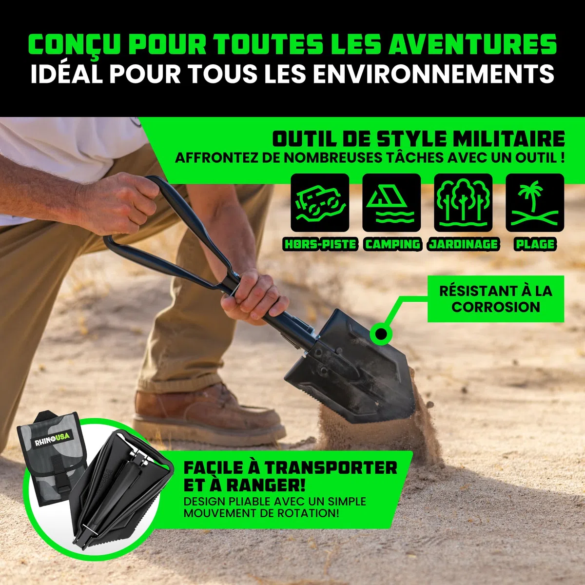 Rhino USA Pelle Pliante avec Pointe Outil pour Creuser en Acier Carbone de Style Militaire pour Le Tout Terrain Pelle Jardinage Accessoire Camping Accessoire Détecteur Métaux