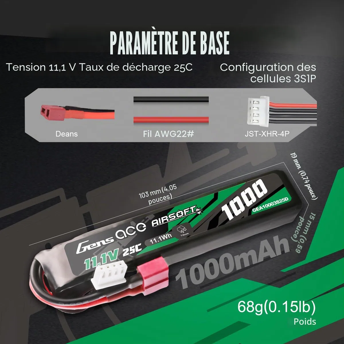 Gens ace 3S 25C 1000mAh 11.1 V 3S1P Batterie Lipo Airsoft Rechargeable avec connecteur Deans T pour Les Modèles Airsoft