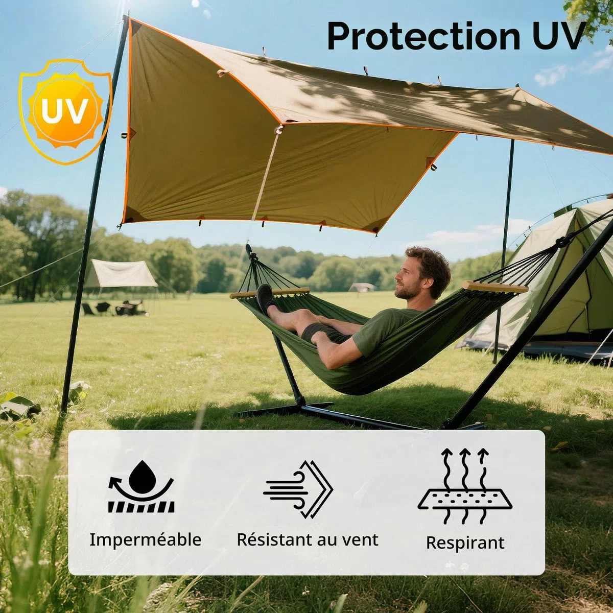 FREE SOLDIER Camping Tarp 3m x 3.2m Housse de Pluie Bâche Portable Léger Etanche Rain Fly Fly Tente Imperméable Au Sol Anti-UV Abri pour Randonnée(Marron，avec Clous)